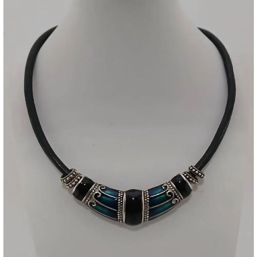 CHICO'S Green & Black Enamel Boho Black Leather Cord Silver Pendant Necklace